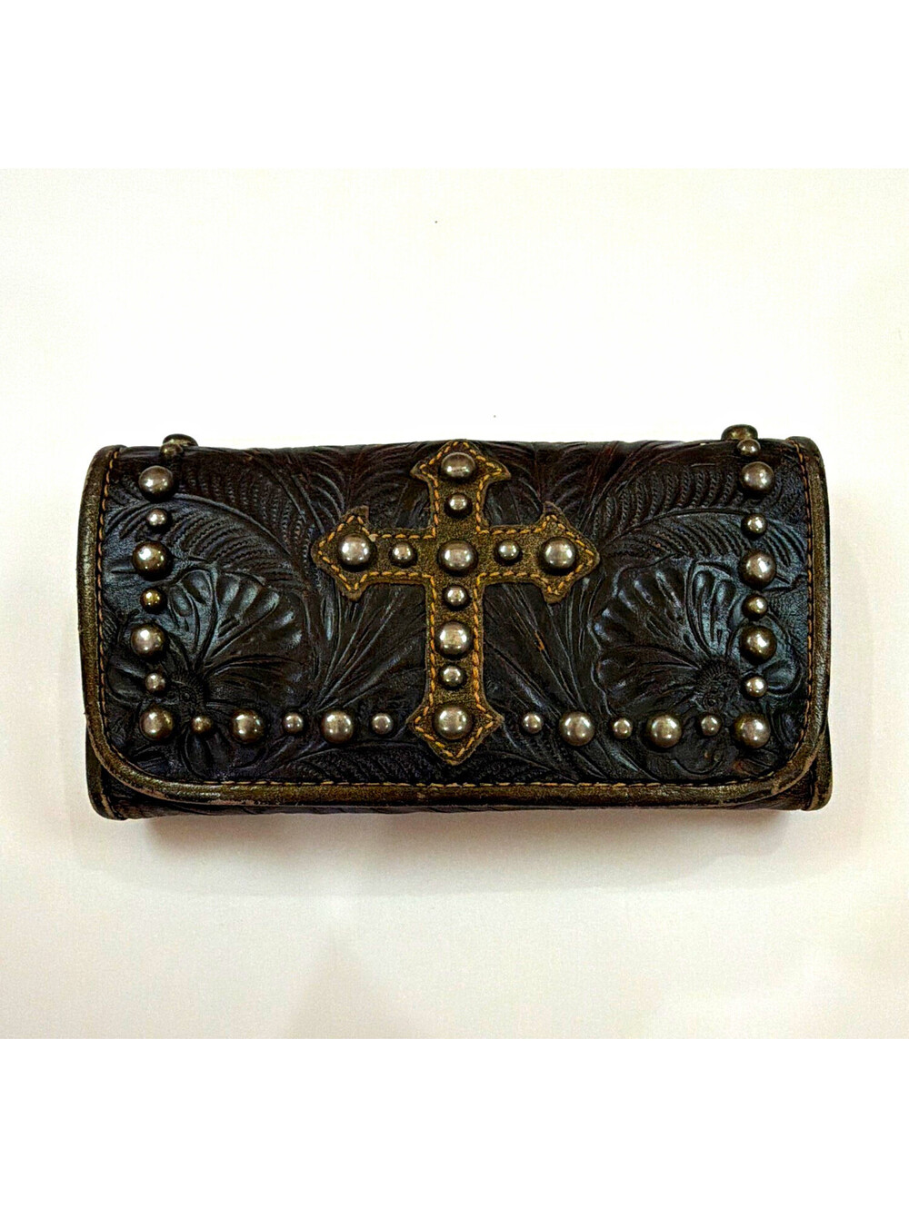 American West Brown Tooled Floral Studded Cross Trifold Snap Wallet Womens